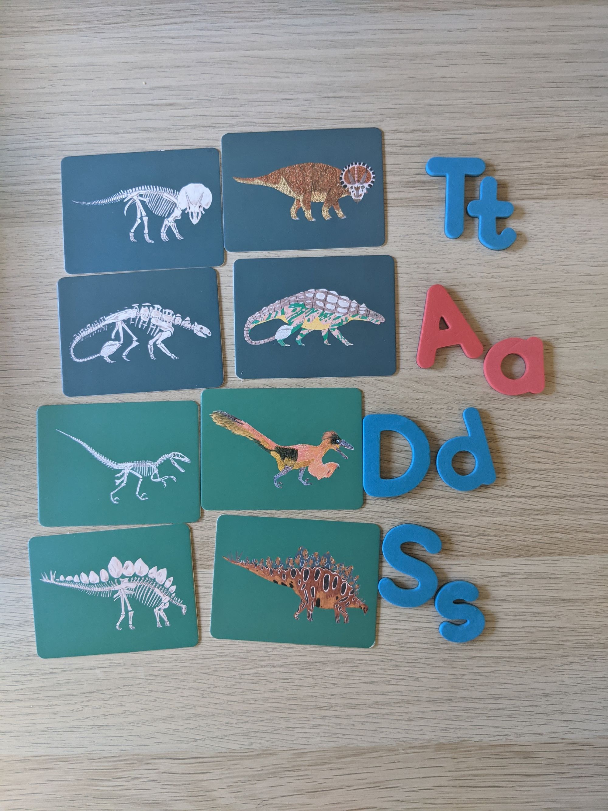 Letter cards and picture cards laid out for a reading activity