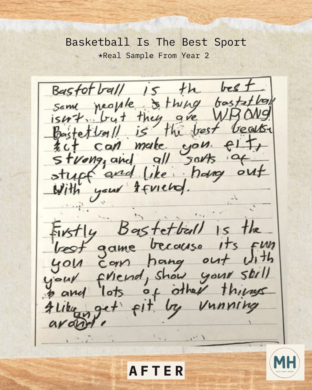 After, page 1 of 3: Basketball Is The Best Sport. Opening paragraph stating her opinion and arguing against people who disagree, then a paragraph starting Firstly.