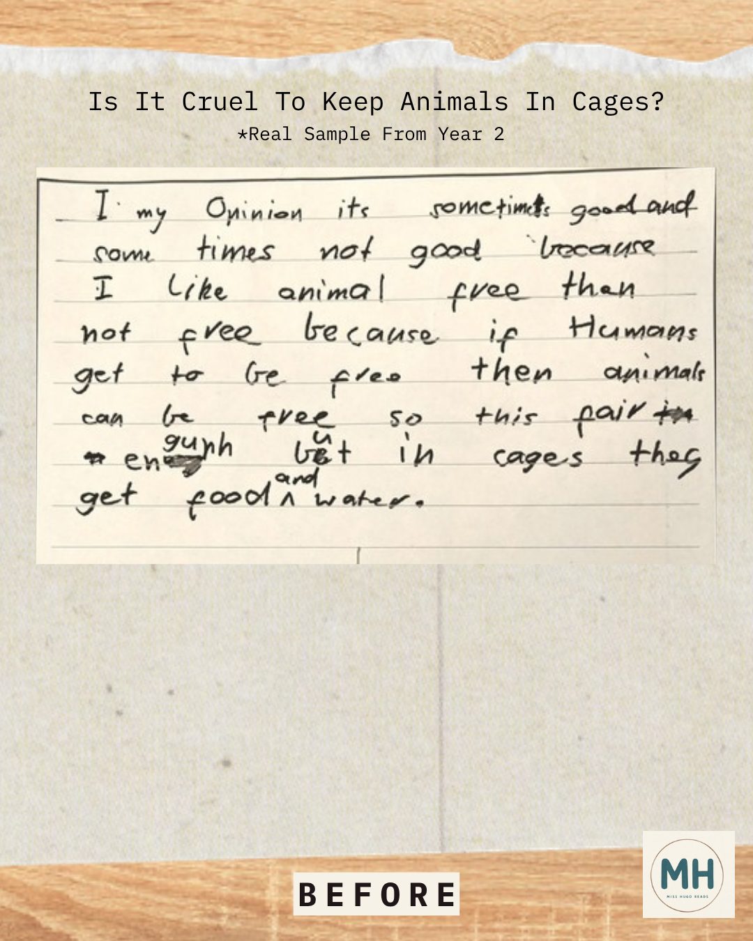 Before: one handwritten paragraph titled Is It Cruel To Keep Animals In Cages? The student says it is sometimes good and sometimes not good, then lists a few loose reasons.