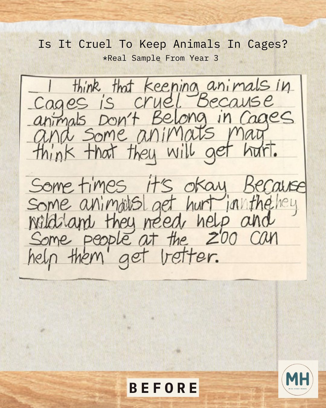 Before: two handwritten paragraphs titled Is It Cruel To Keep Animals In Cages? She says keeping animals in cages is cruel, then adds that sometimes it is okay when animals need help.