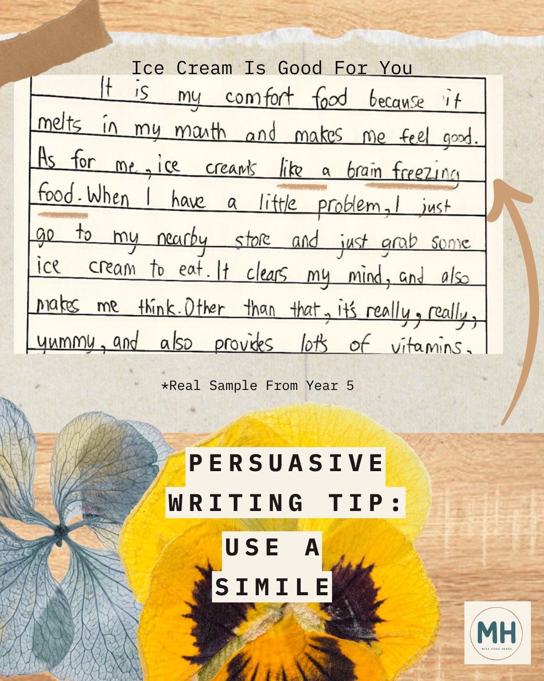 Upper Primary student writing sample with tip: Use a simile