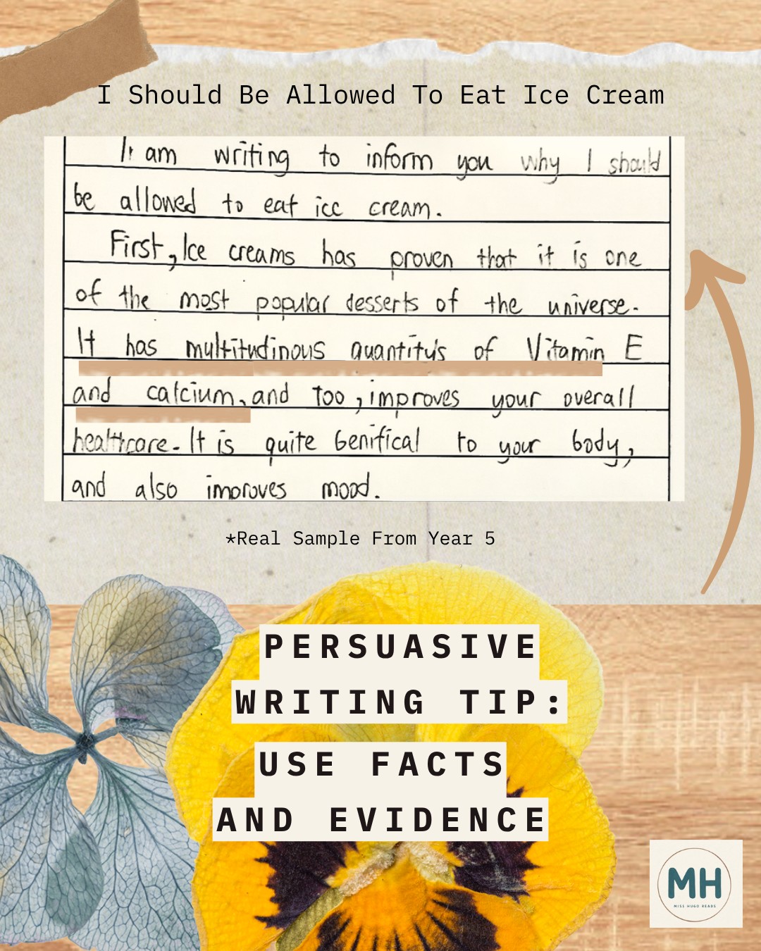 Upper Primary student writing sample with tip: Use facts and evidence