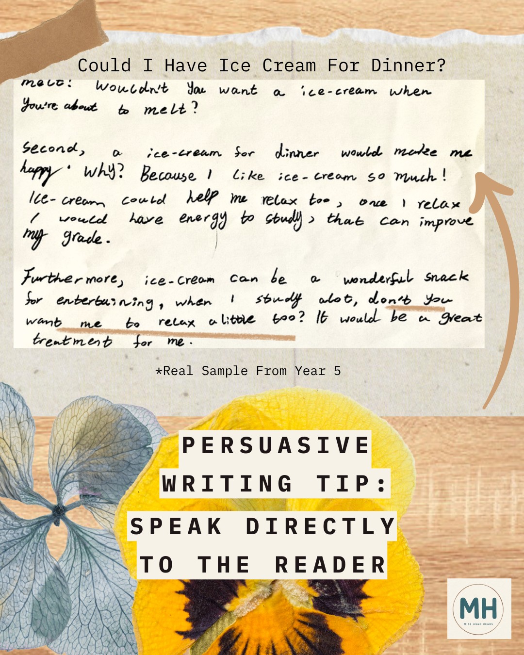 Upper Primary student writing sample with tip: Speak directly to the reader