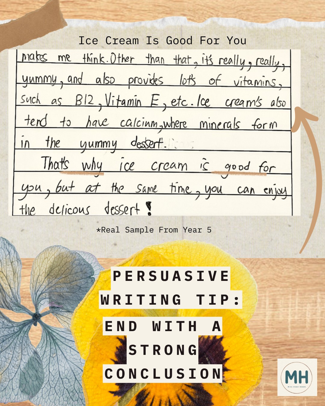 Upper Primary student writing sample with tip: End with a strong conclusion