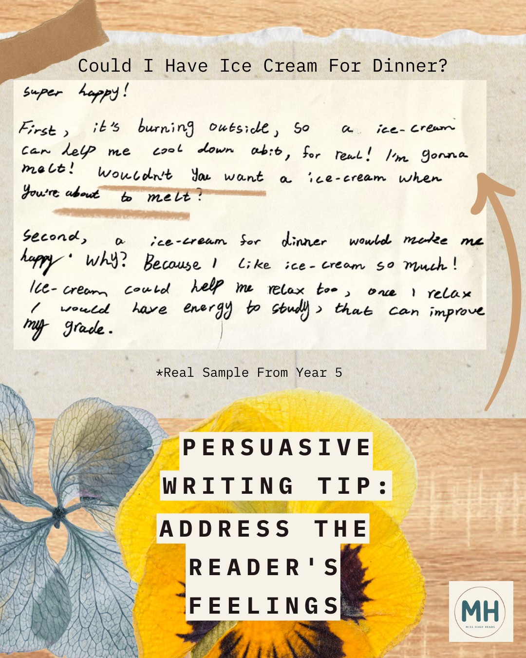 Upper Primary student writing sample with tip: Address the reader's feelings