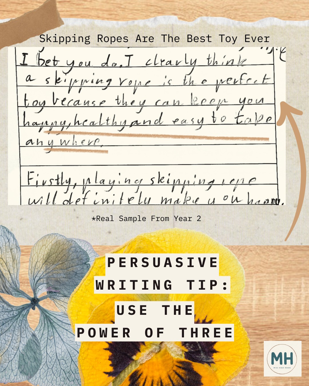 Lower Primary student writing sample with tip: Use the power of three