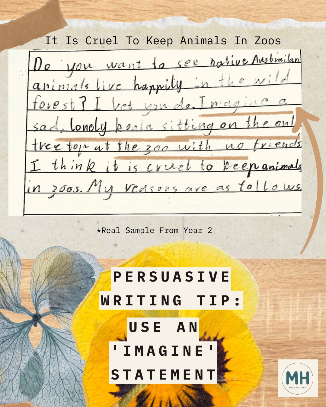 Lower Primary student writing sample with tip: Use an 'imagine' statement