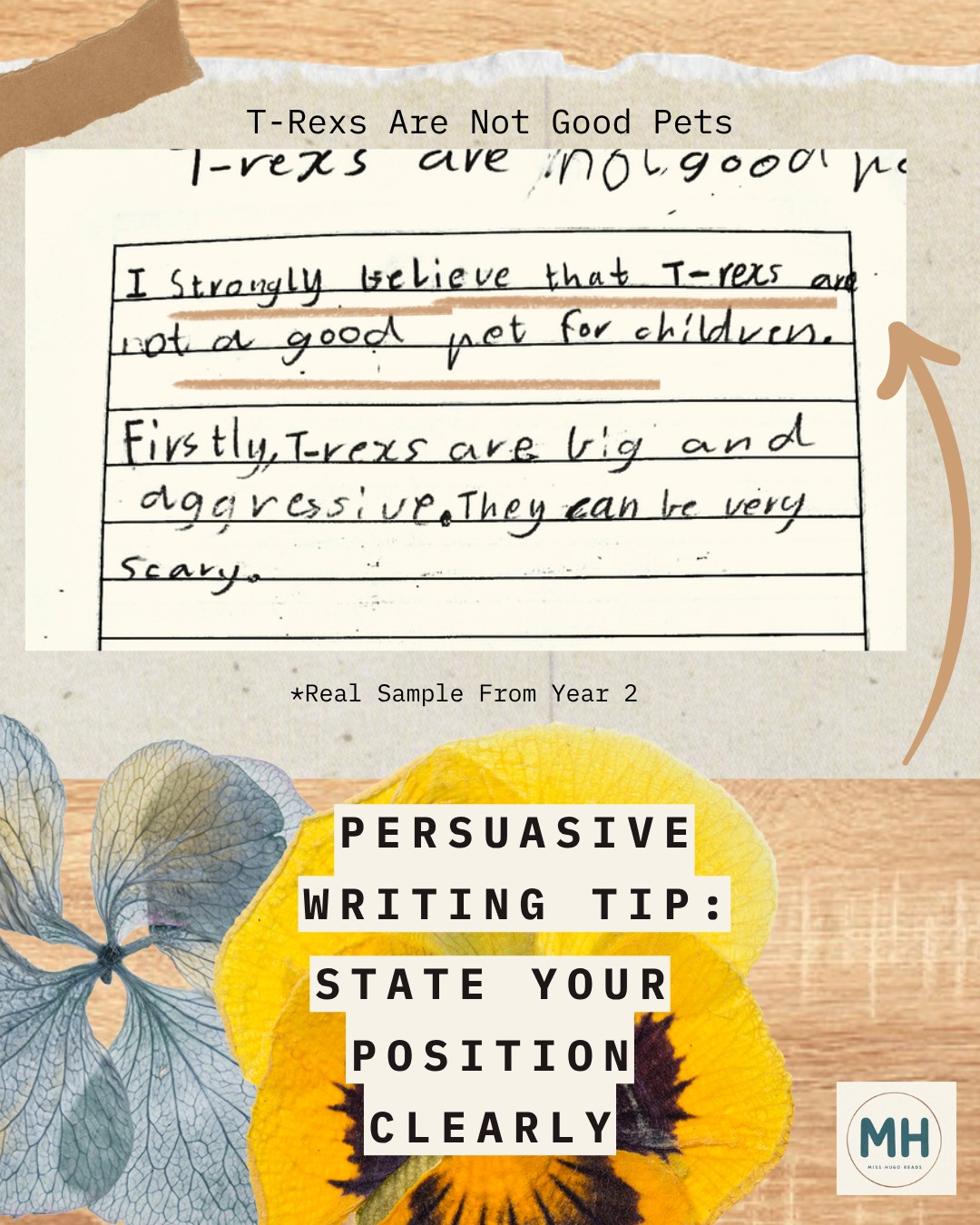 Lower Primary student writing sample with tip: State your position clearly