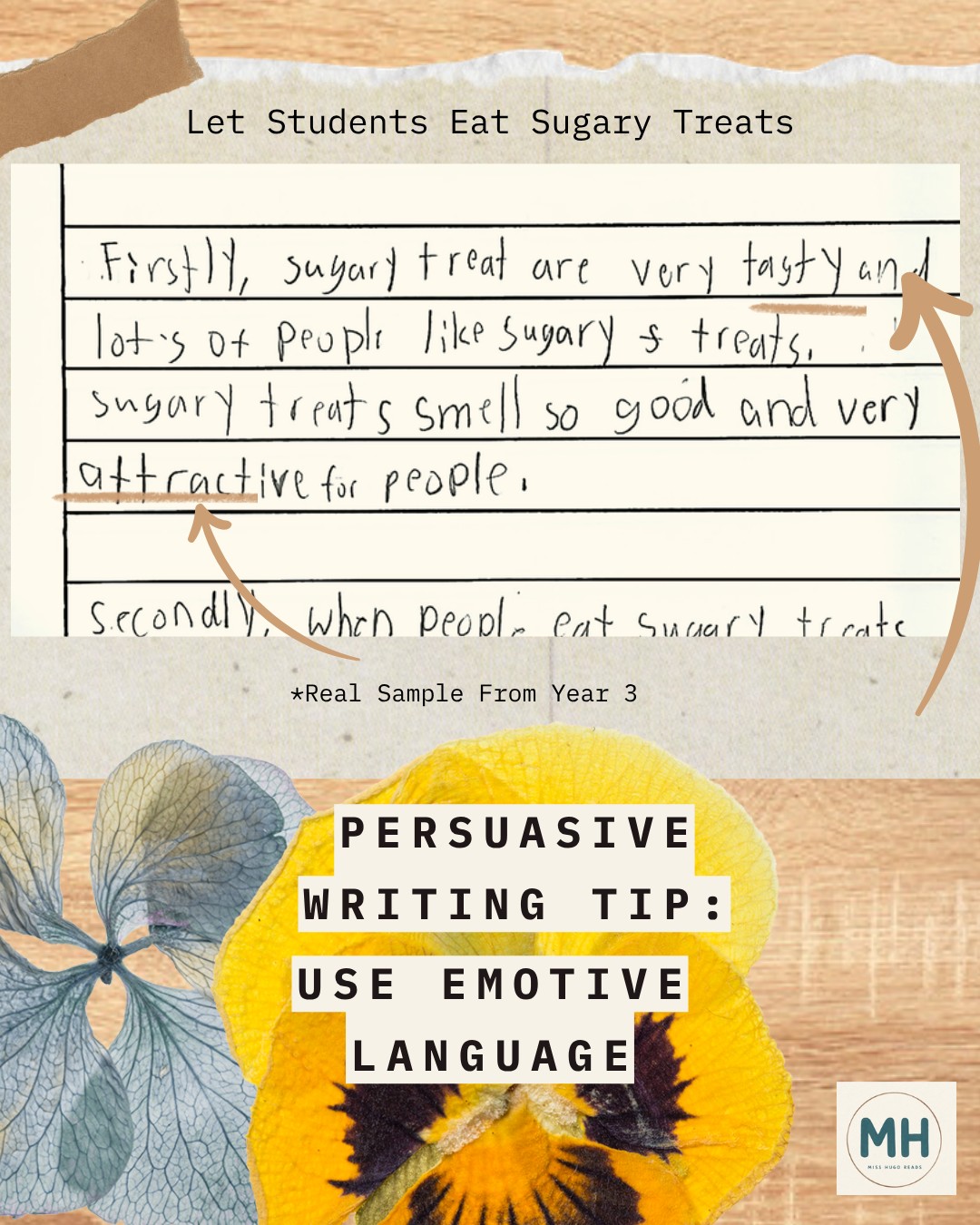 Middle Primary student writing sample with tip: Use emotive language