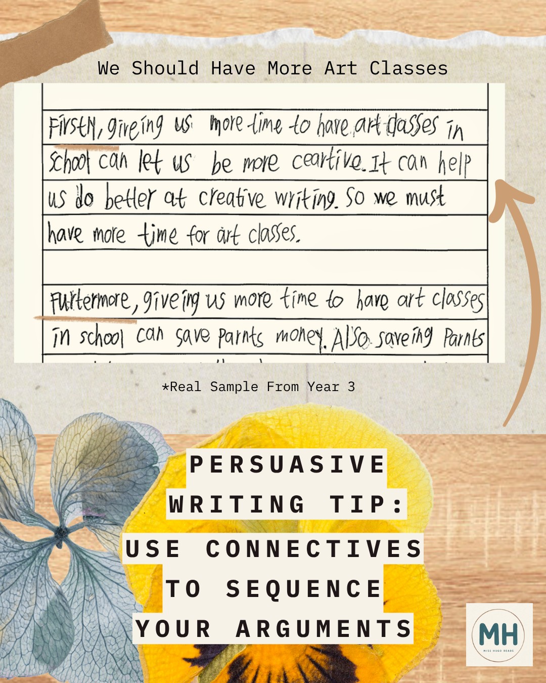Middle Primary student writing sample with tip: Use connectives to sequence your arguments