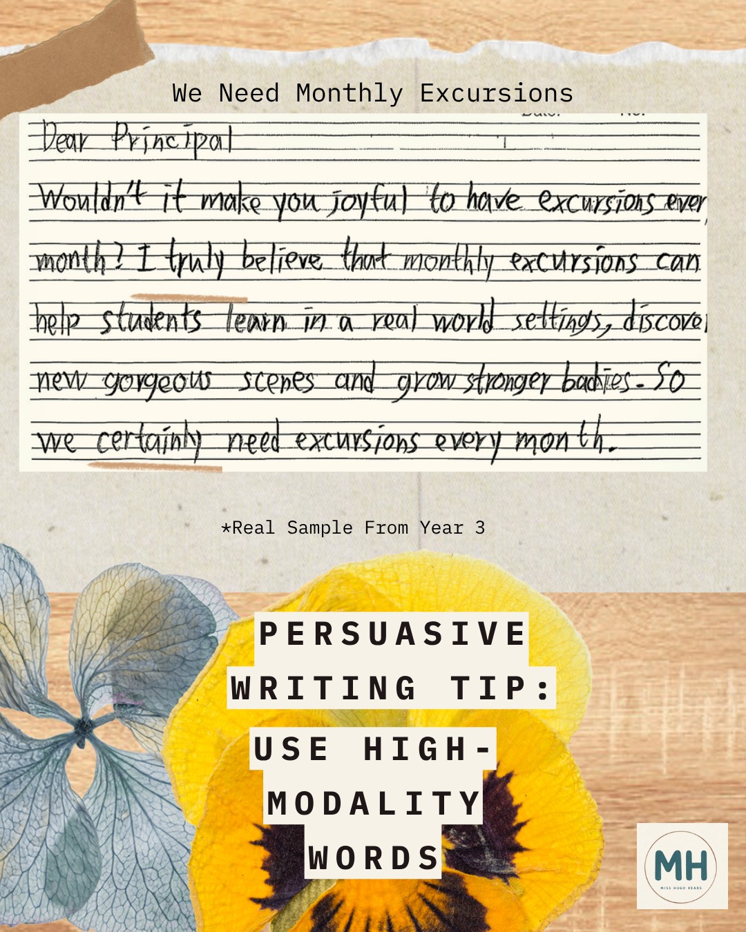Middle Primary student writing sample with tip: Use high-modality words