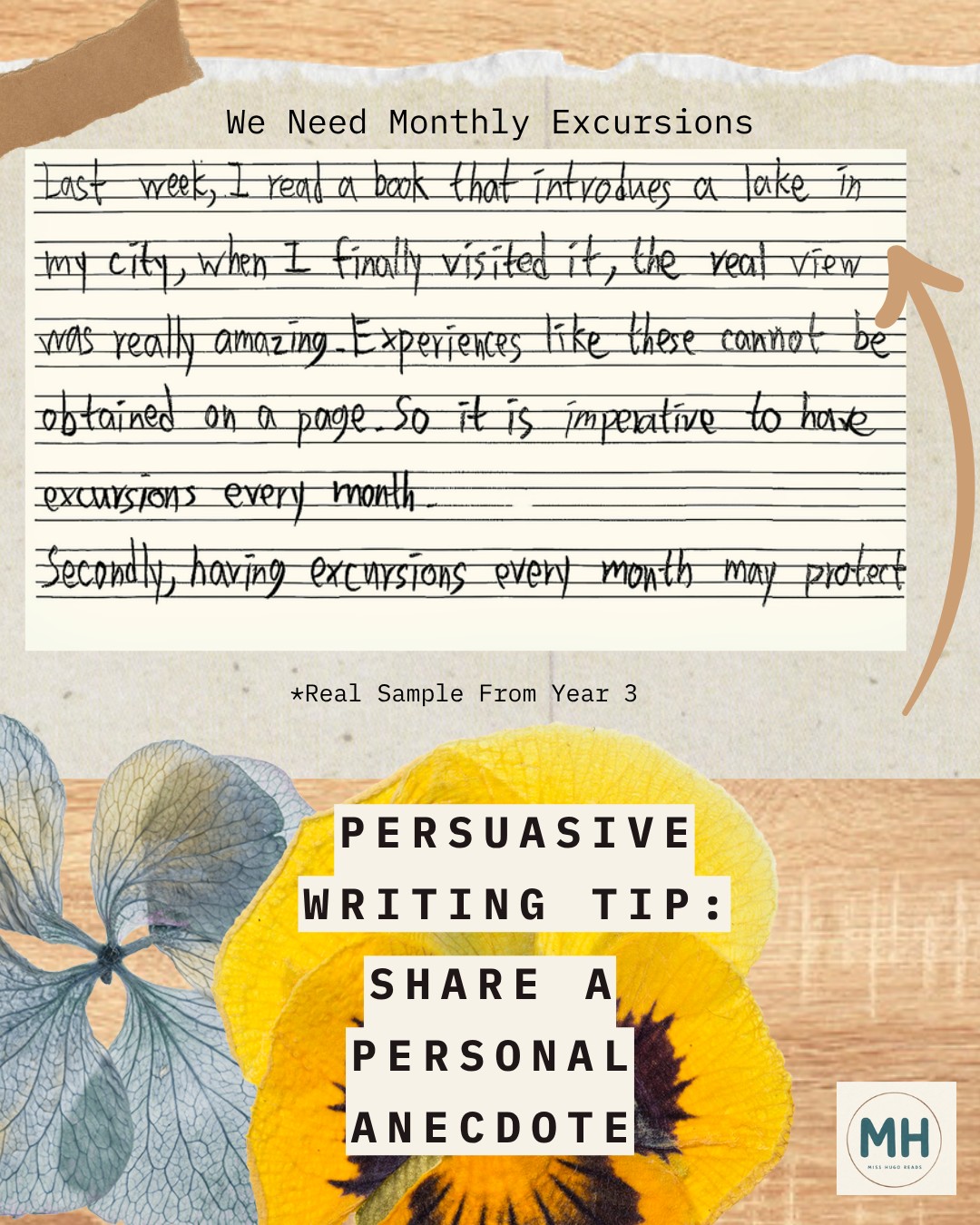 Middle Primary student writing sample with tip: Share a personal anecdote