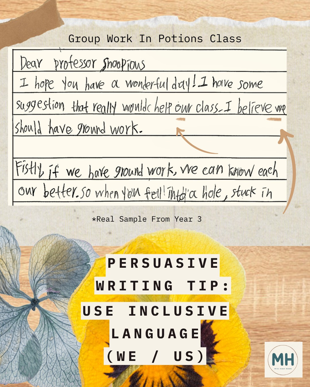 Middle Primary student writing sample with tip: Use inclusive language (we / us)