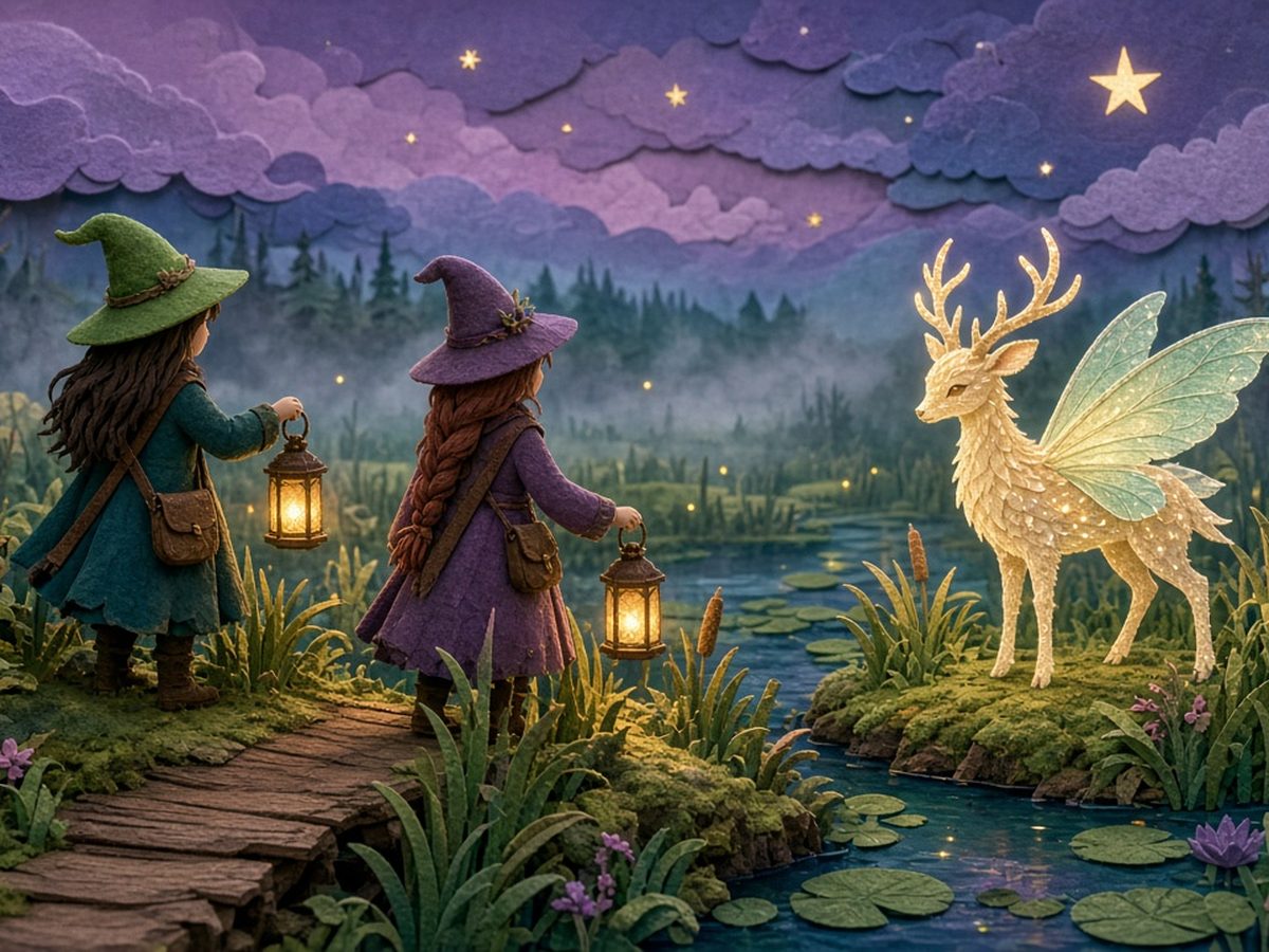 Magical Creature Guardians paper-cut illustration at dusk