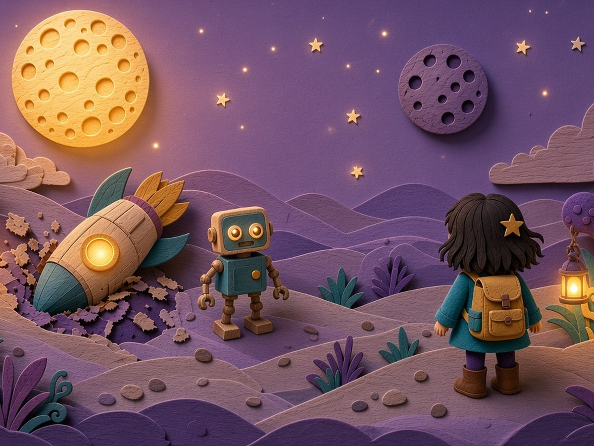 Purple Planet paper-cut illustration at dusk